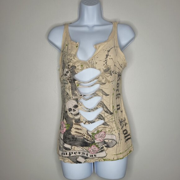 Y2k thrashed Rock and Roll tan skull emo grunge cyber goth tank rocker - Picture 1 of 7